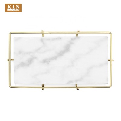 Gold metal around handles white marble rectangle tray