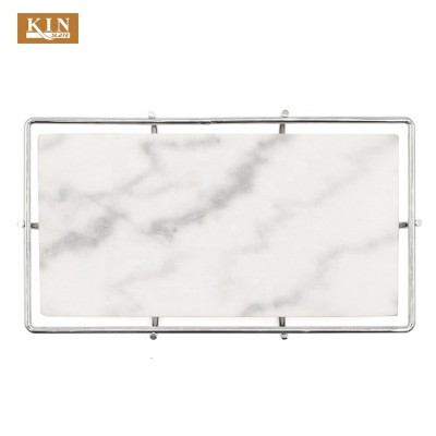 100% Natural metal handles rectangle white marble tray