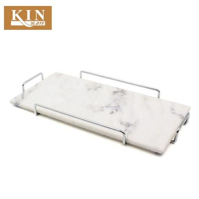 New design rectangle white marble tray with 4 handles