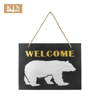 Bear engraving rectangle slate chalk board with rope