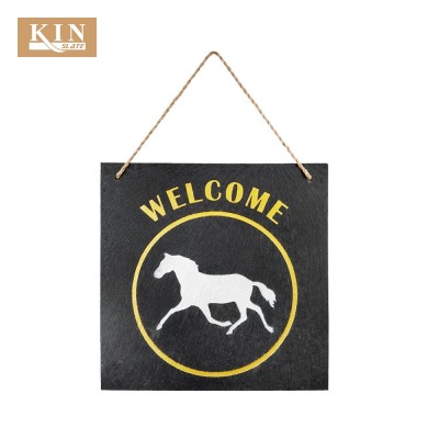 Horse engraving square slate chalk board with rope