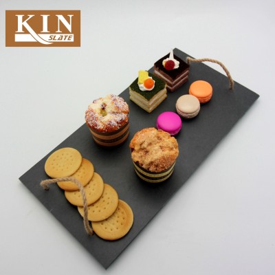 Restaurant supplies black slate serving tray with jute handle